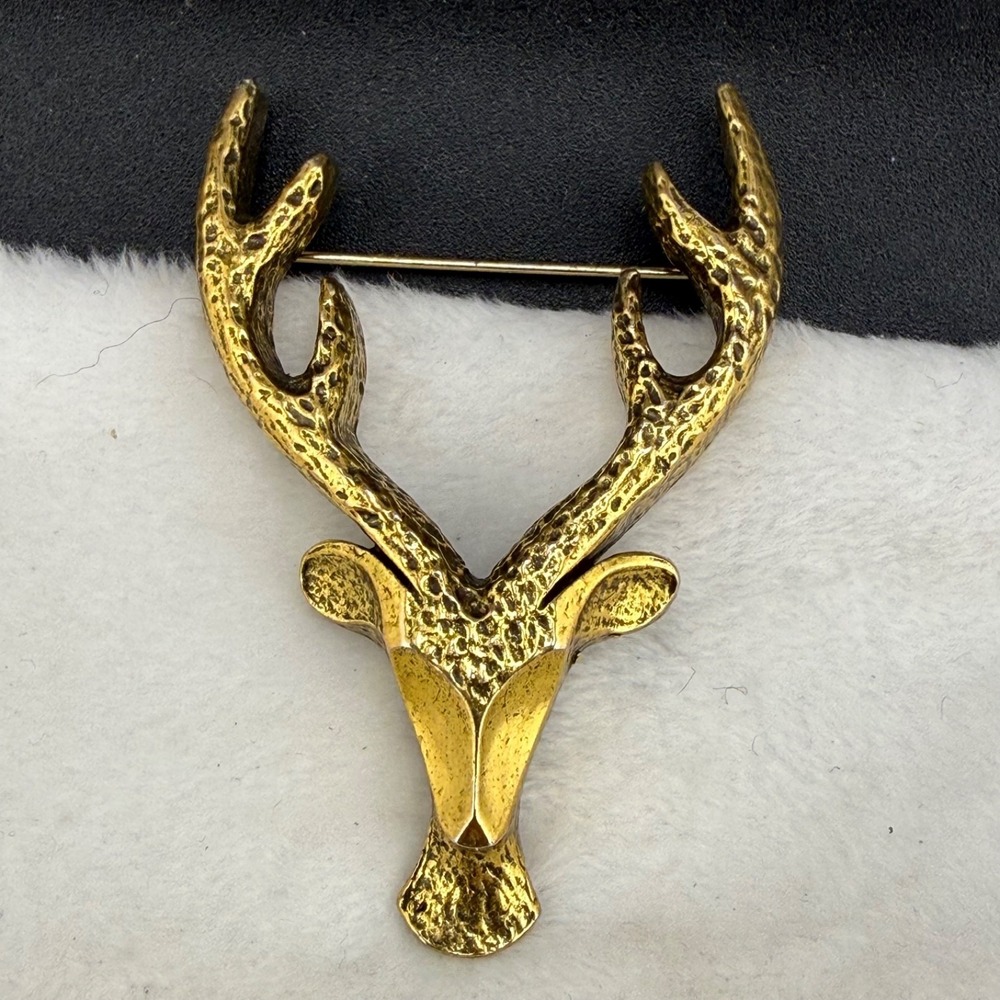Vintage Zentall Brooch Gold Tone Textured Deer Elk Antler Animal Pin